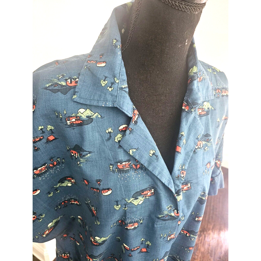 Duluth Retro Travel Trailer Print Womens Blue 1X Pullover Shirt RV Life Camping